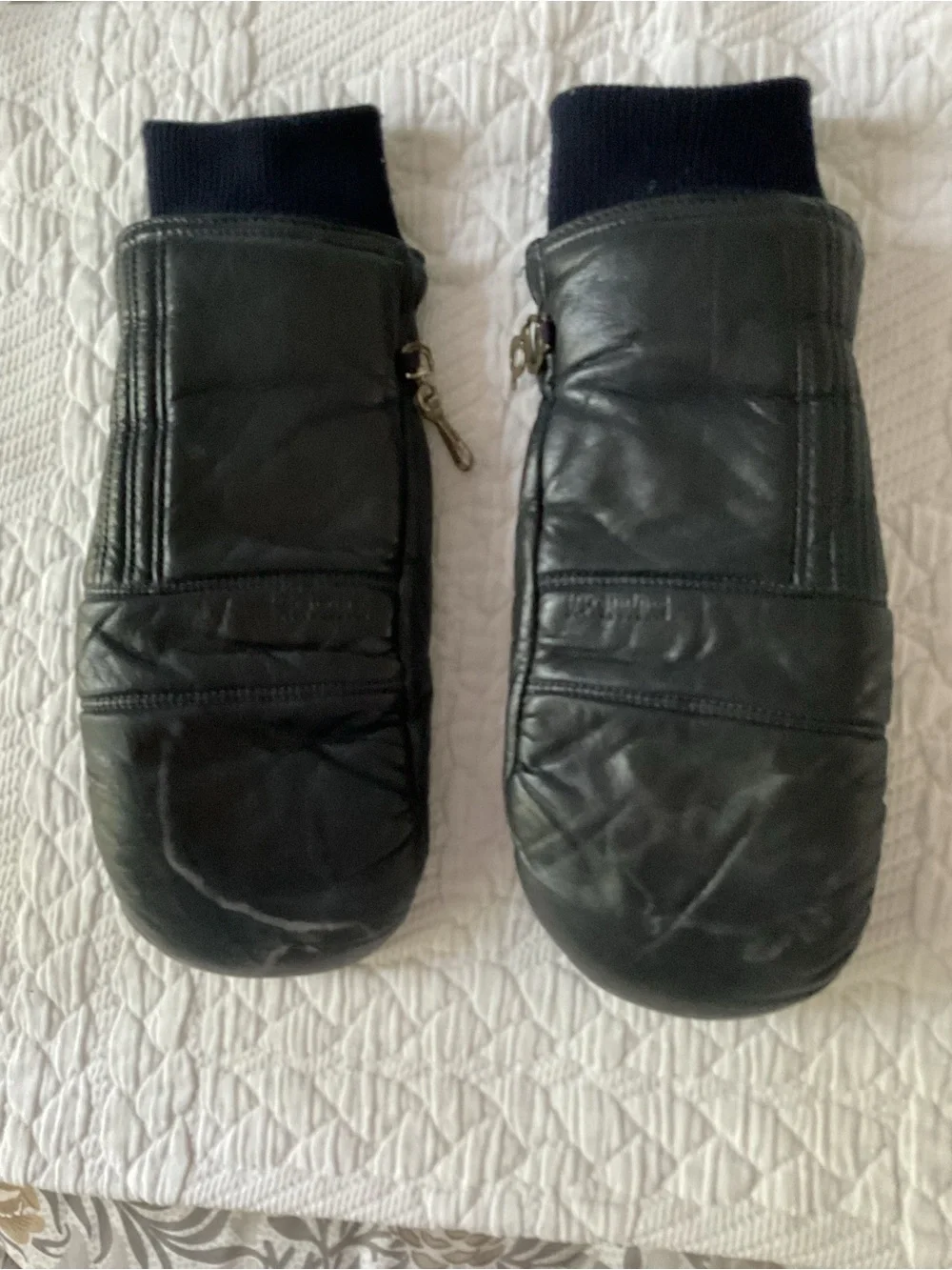 Black Leather Mittens with Knit Cuff